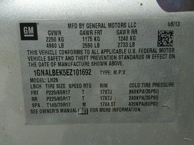 1GNALBEK5EZ101692 - 2014 CHEVROLET EQUINOX SILVER photo 10