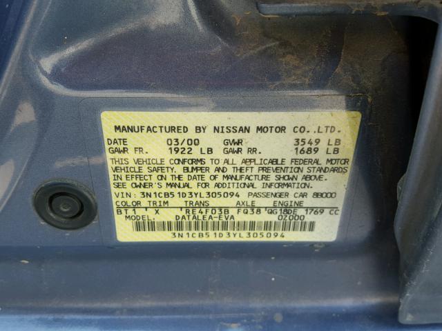 3N1CB51D3YL305094 - 2000 NISSAN SENTRA BAS BLUE photo 10