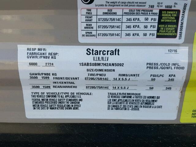 1SABS0BM7H2AN5092 - 2017 STAR CAMPER TAN photo 10