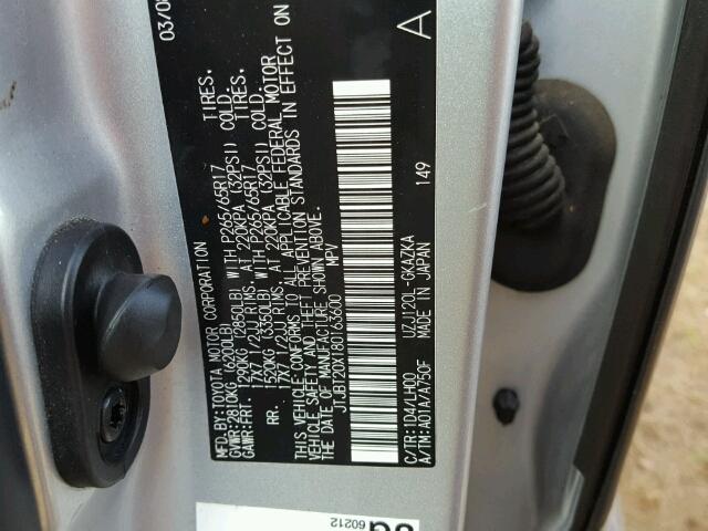 JTJBT20X180163600 - 2008 LEXUS GX 470 SILVER photo 10