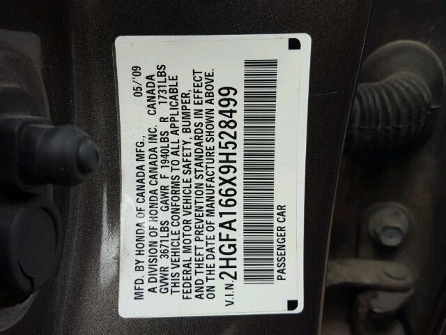 2HGFA166X9H528499 - 2009 HONDA CIVIC GRAY photo 10