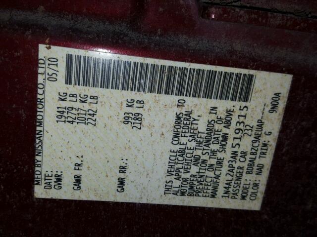 1N4AL2AP3AN519315 - 2010 NISSAN ALTIMA MAROON photo 10