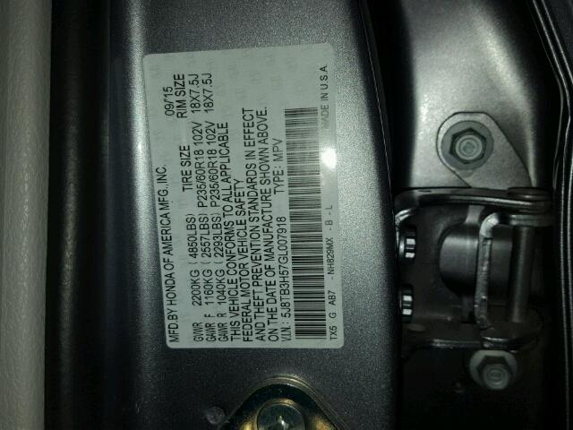 5J8TB3H57GL007918 - 2016 ACURA RDX SILVER photo 10