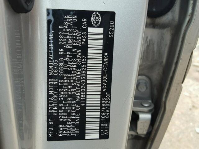 4T1BE32K35U625157 - 2005 TOYOTA CAMRY LE ვერცხლისფერი ფოტო 10