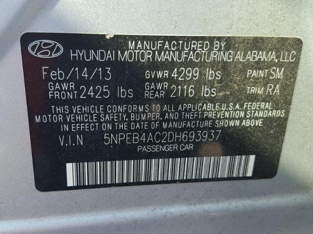 5NPEB4AC2DH693937 - 2013 HYUNDAI SONATA GLS SILVER photo 10