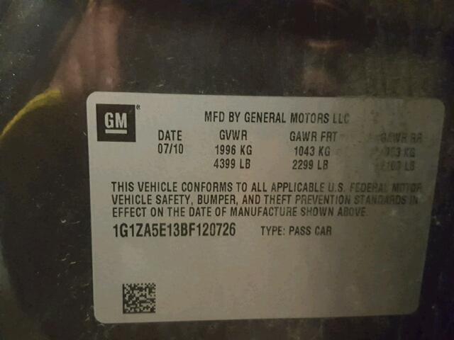1G1ZA5E13BF120726 - 2011 CHEVROLET MALIBU LS ნაცრისფერი ფოტო 10