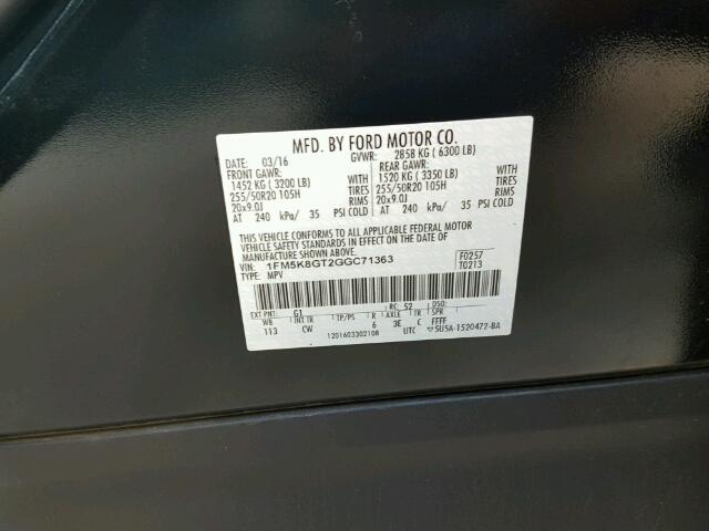 1FM5K8GT2GGC71363 - 2016 FORD EXPLORER S Սև լուսանկար 10