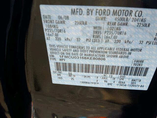 1FMCU03168KE80806 - 2008 FORD ESCAPE XLT BLACK photo 10