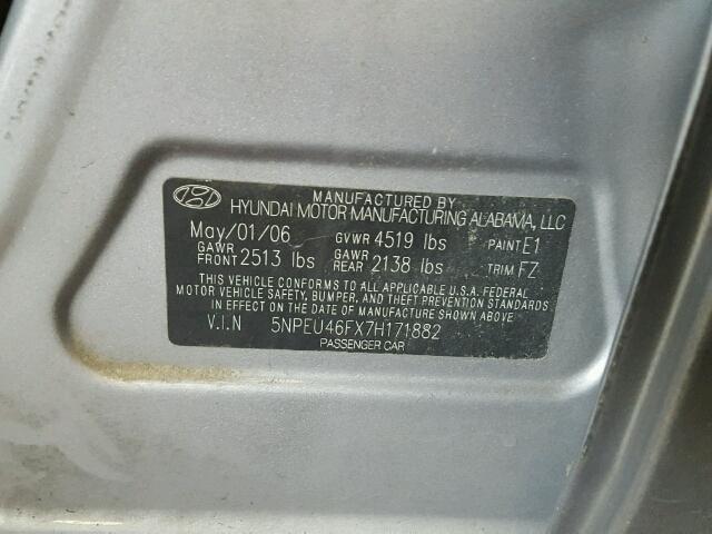 5NPEU46FX7H171882 - 2007 HYUNDAI SONATA SE SILVER photo 10