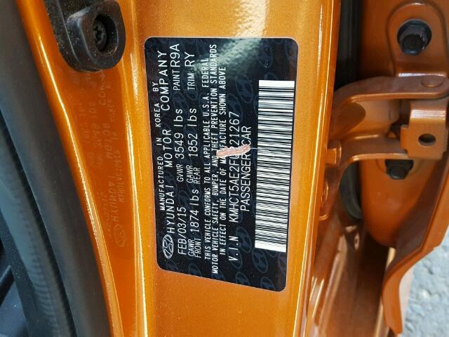 KMHCT5AE2FU221267 - 2015 HYUNDAI ACCENT GS ORANGE photo 10