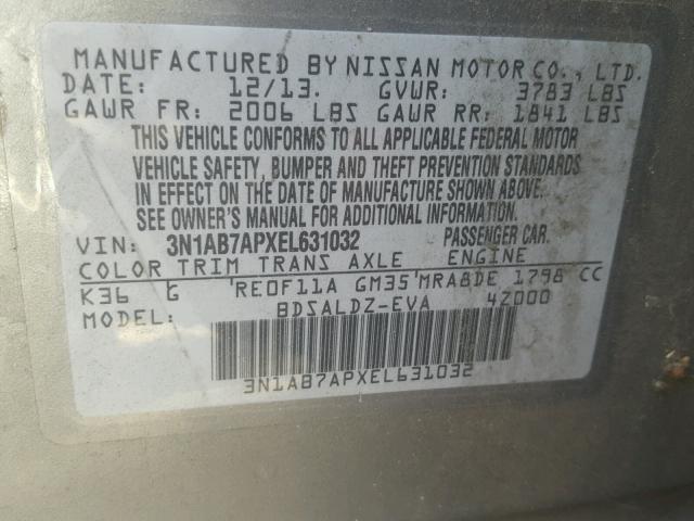 3N1AB7APXEL631032 - 2014 NISSAN SENTRA S GRAY photo 10