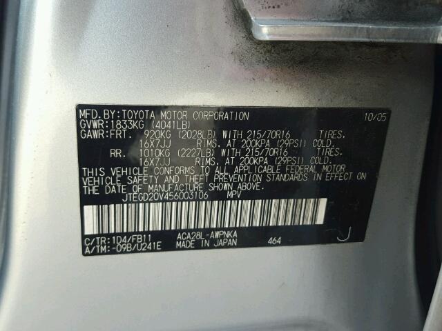 JTEGD20V456003106 - 2005 TOYOTA RAV4 SILVER photo 10