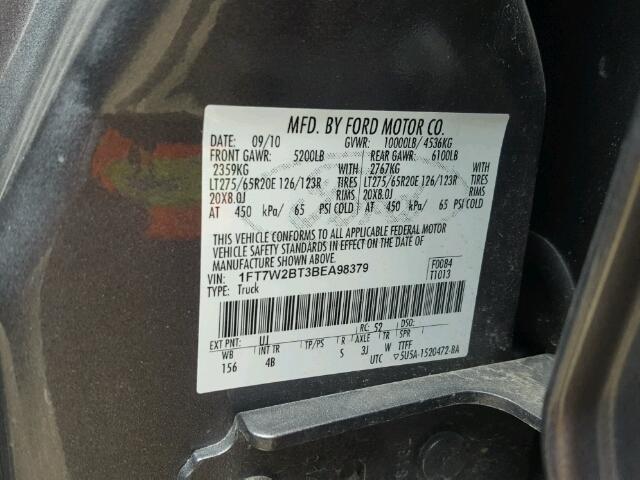 1FT7W2BT3BEA98379 - 2011 FORD F250 SUPER GRAY photo 10