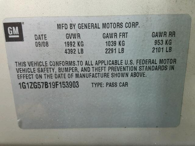 1G1ZG57B19F153903 - 2009 CHEVROLET MALIBU LS ოქროსფერი ფოტო 10