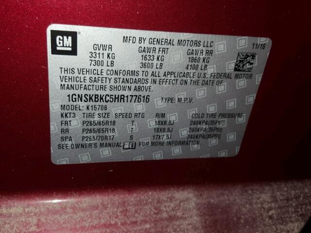 1GNSKBKC5HR177616 - 2017 CHEVROLET TAHOE K150 RED photo 10