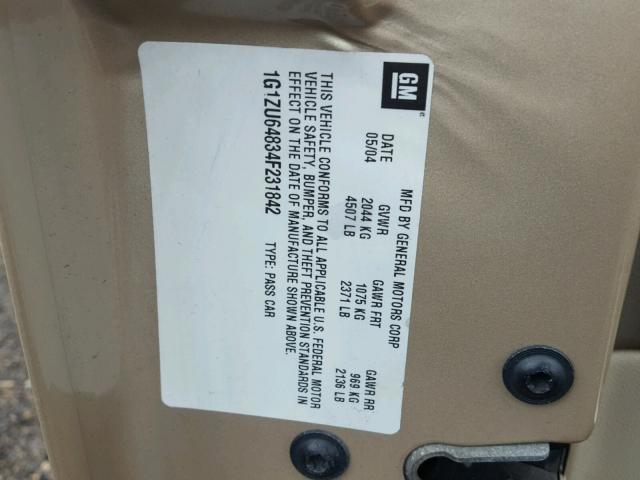 1G1ZU64834F231842 - 2004 CHEVROLET MALIBU MAX 金色 照片 10