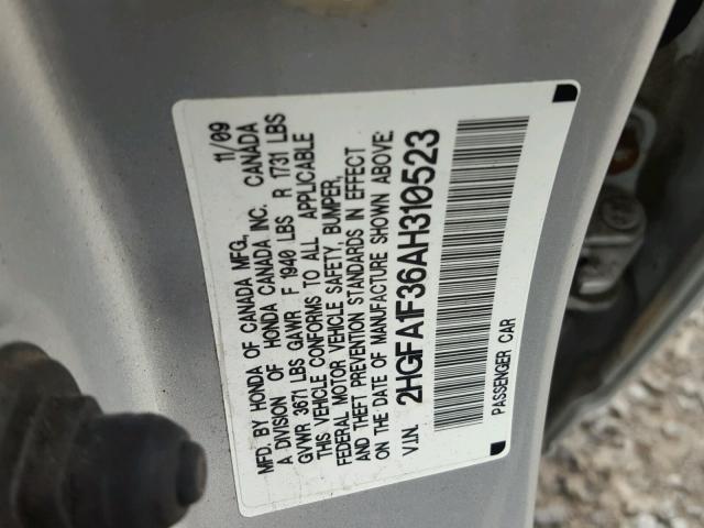 2HGFA1F36AH310523 - 2010 HONDA CIVIC VP SILVER photo 10