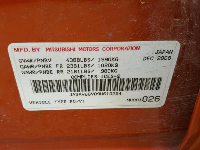 JA3AV66V09U610254 - 2009 MITSUBISHI LANCER ORANGE photo 10