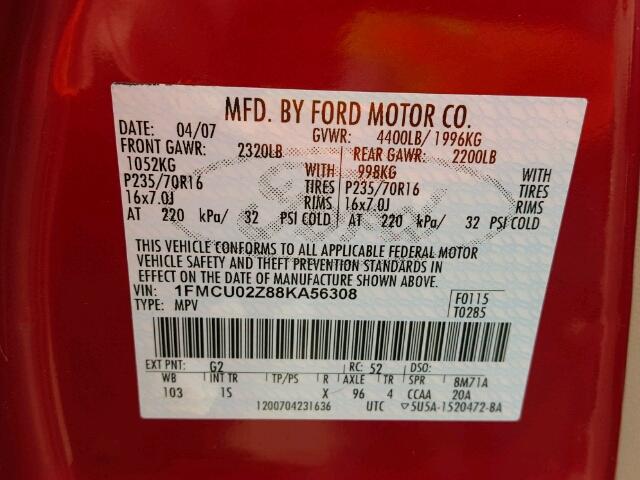 1FMCU02Z88KA56308 - 2008 FORD ESCAPE XLS RED photo 10