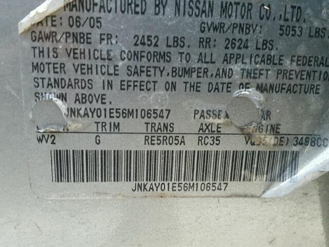 JNKAY01E56M106547 - 2006 INFINITI M35 BASE SILVER photo 10