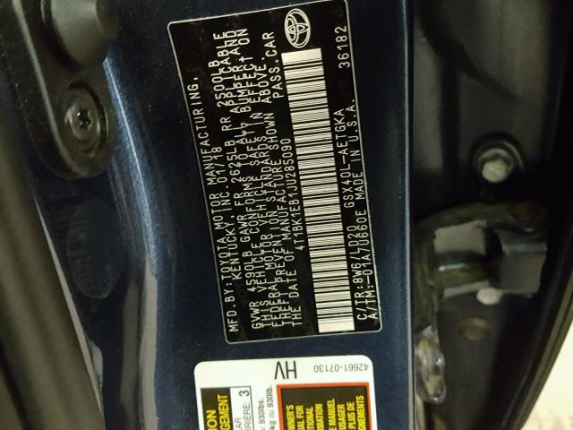 4T1BK1EB1JU285090 - 2018 TOYOTA AVALON XLE BLUE photo 10