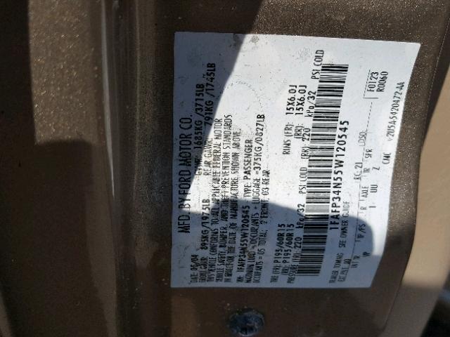 1FAFP34N55W120545 - 2005 FORD FOCUS ZX4 GOLD photo 10