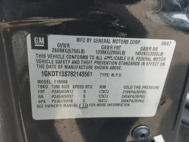 1GKDT13S782143561 - 2008 GMC ENVOY BLACK photo 10