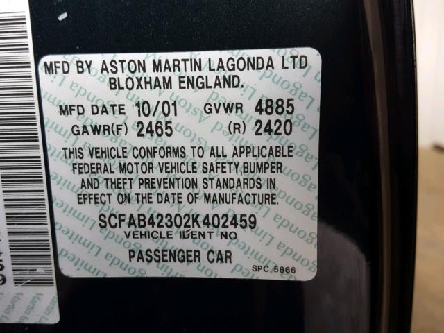 SCFAB42302K402459 - 2002 ASTON MARTIN DB7 VANTAG GREEN photo 10