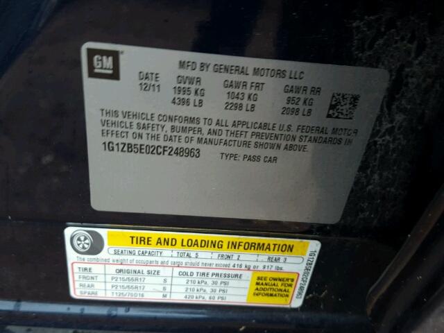 1G1ZB5E02CF248963 - 2012 CHEVROLET MALIBU LS ლურჯი ფოტო 10