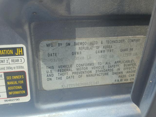 KL1TD56636B631145 - 2006 CHEVROLET AVEO BASE Mavi foto 10