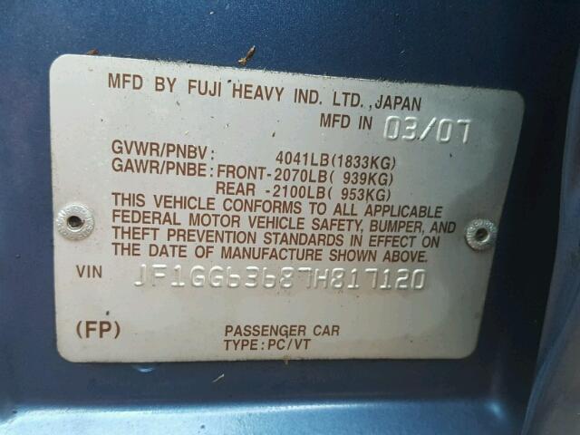 JF1GG63687H817120 - 2007 SUBARU IMPREZA BLUE photo 10