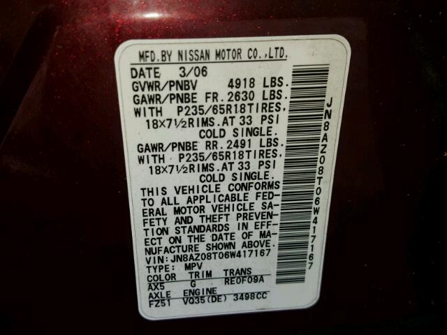 JN8AZ08T06W417167 - 2006 NISSAN MURANO BURGUNDY photo 10