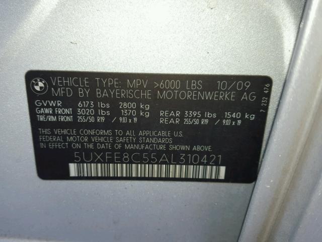 5UXFE8C55AL310421 - 2010 BMW X5 XDRIVE4 SILVER photo 10