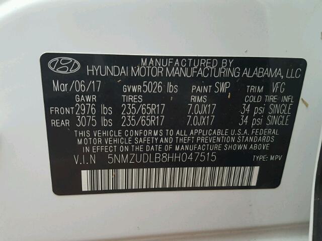5NMZUDLB8HH047515 - 2017 HYUNDAI SANTA FE S 白色 照片 10