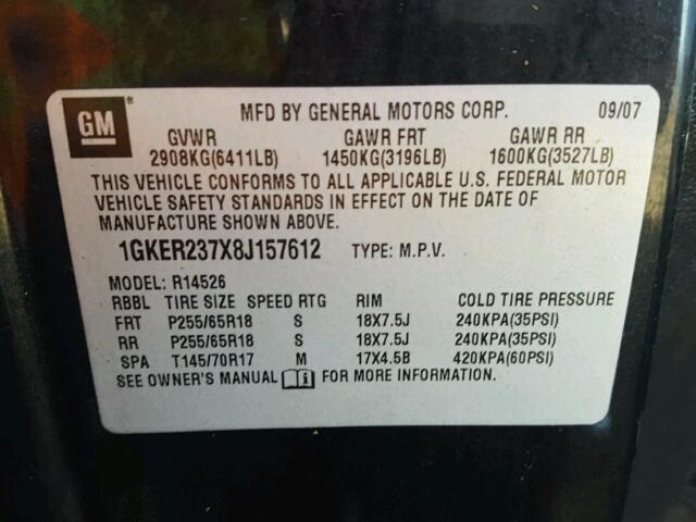 1GKER237X8J157612 - 2008 GMC ACADIA SLT შავი ფოტო 10