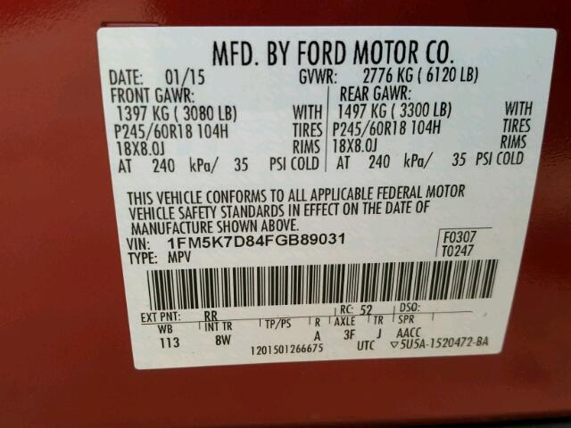 1FM5K7D84FGB89031 - 2015 FORD EXPLORER RED photo 10