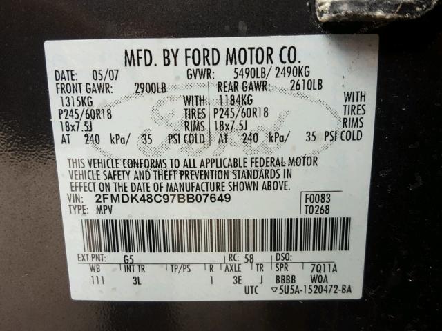 2FMDK48C97BB07649 - 2007 FORD EDGE SEL CHARCOAL photo 10