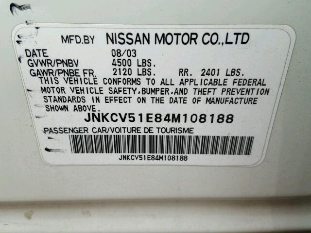 JNKCV51E84M108188 - 2004 INFINITI G35 WHITE photo 10