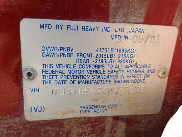 JF1SF65632H723102 - 2002 SUBARU FORESTER S RED photo 10
