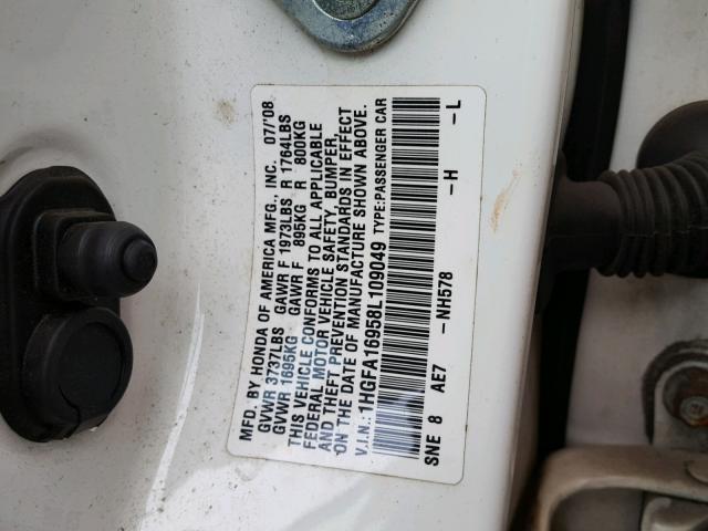 1HGFA16958L109049 - 2008 HONDA CIVIC EXL 白色 照片 10