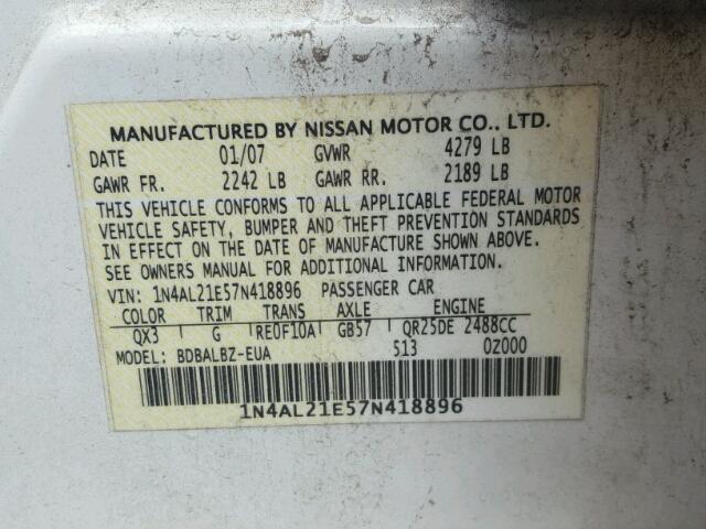 1N4AL21E57N418896 - 2007 NISSAN ALTIMA WHITE photo 10