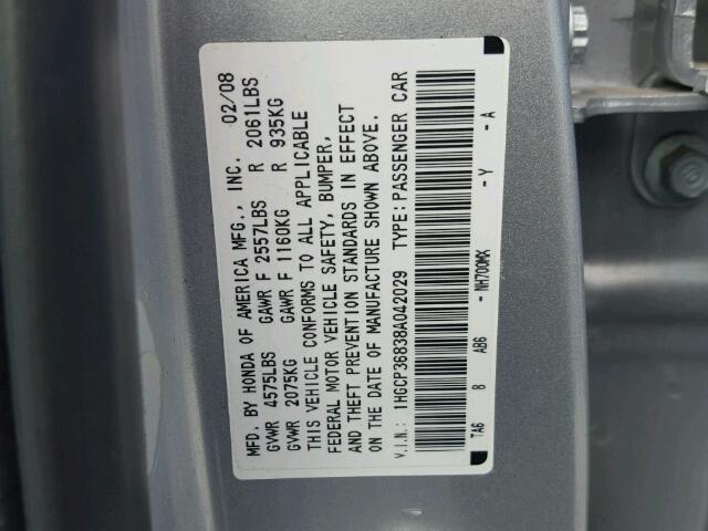 1HGCP36838A042029 - 2008 HONDA ACCORD EXL GRAY photo 10