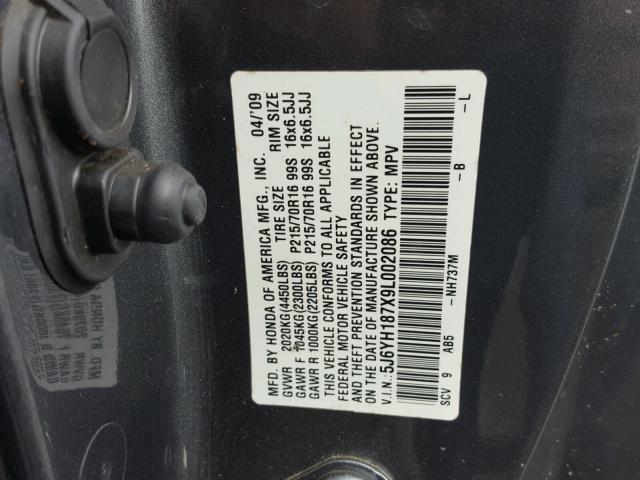 5J6YH187X9L002086 - 2009 HONDA ELEMENT EX GRAY photo 10