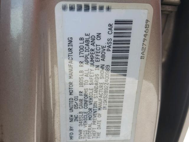 1Y1SK52892Z400989 - 2002 CHEVROLET GEO PRIZM 棕色 照片 10