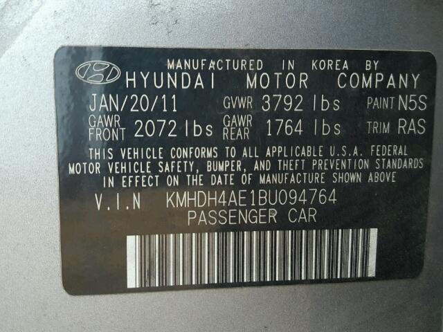 KMHDH4AE1BU094764 - 2011 HYUNDAI ELANTRA GL GRAY photo 10