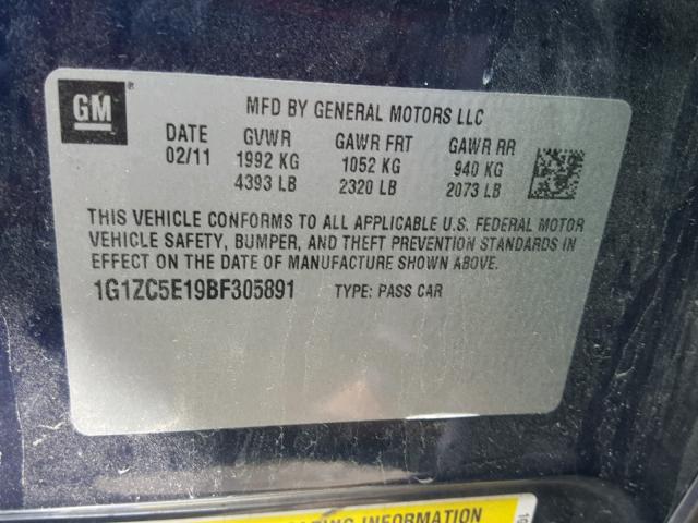 1G1ZC5E19BF305891 - 2011 CHEVROLET MALIBU 1LT 蓝色 照片 10