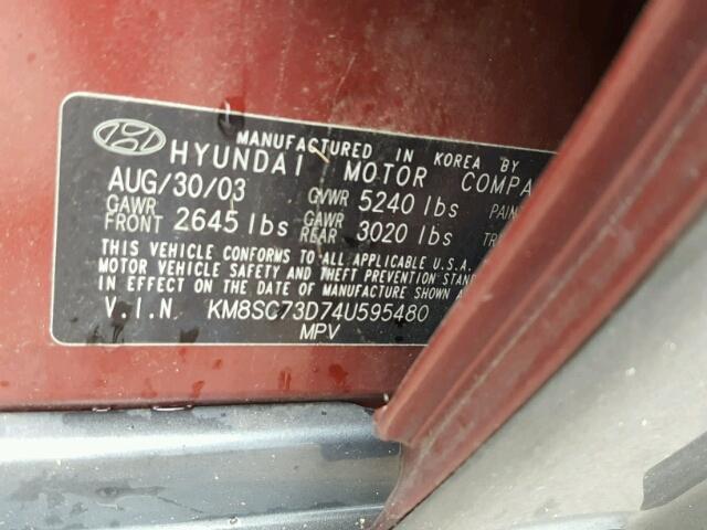 KM8SC73D74U595480 - 2004 HYUNDAI SANTA FE G BURGUNDY photo 10