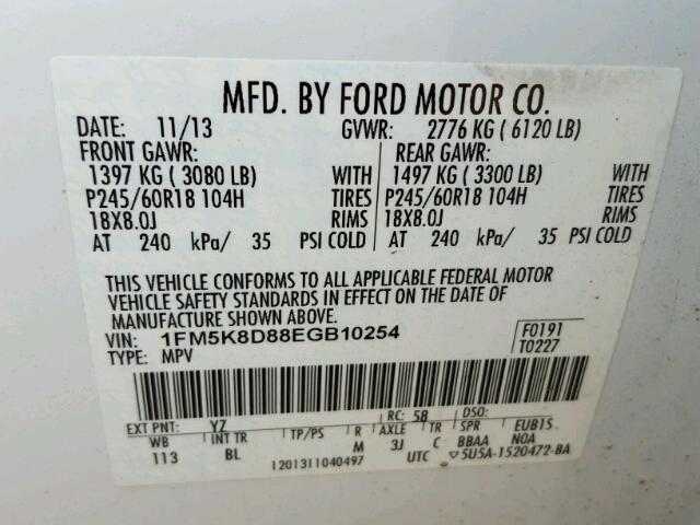 1FM5K8D88EGB10254 - 2014 FORD EXPLORER X WHITE photo 10