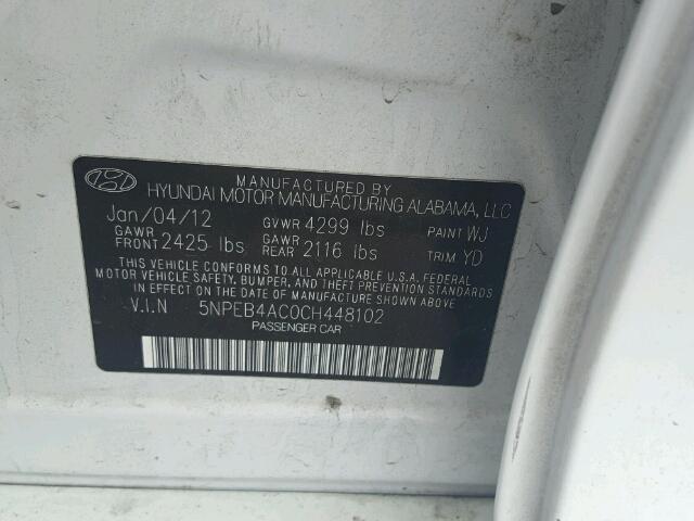 5NPEB4AC0CH448102 - 2012 HYUNDAI SONATA GLS WHITE photo 10