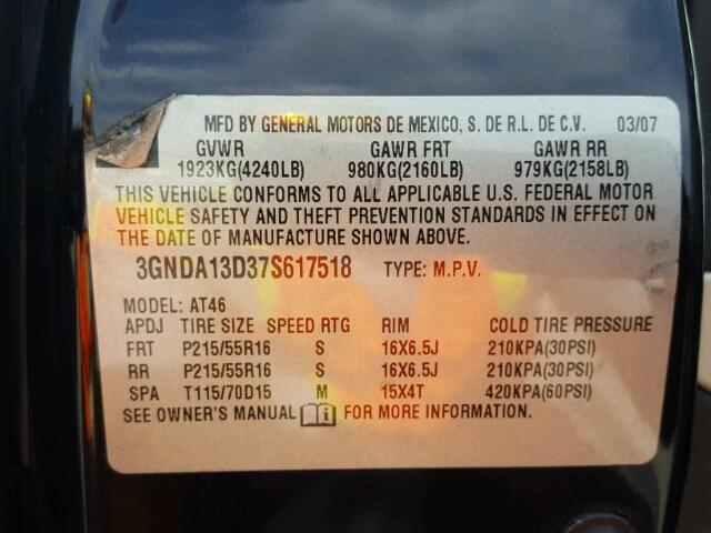 3GNDA13D37S617518 - 2007 CHEVROLET HHR LS BLACK photo 10